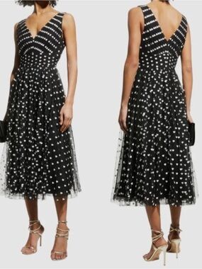 Black Sleeveless V-Neck Midi Dress with White Heart Print